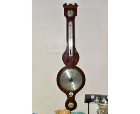 AN EARLY 19TH CENTURY MAHOGANY WHEEL BAROMETER WITH SATINWOOD AND EBONY STRINGING, damaged broken swan neck pediment, silvere