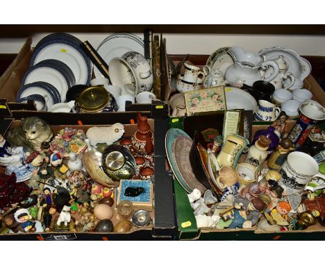 FOUR BOXES OF CERAMICS AND GLASSWARES to include approximately twenty pieces of Royal Doulton 'Sherbrooke' dinnerwares, Europ