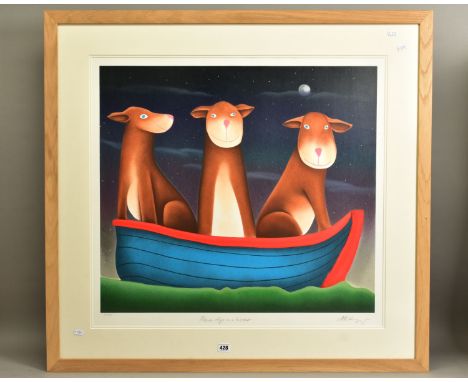 MACKENZIE THORPE (BRITISH 1956) 'THREE DOGS IN A BOAT', limited Roman numeral edition silkscreen print LXVII/C (67/100), sign