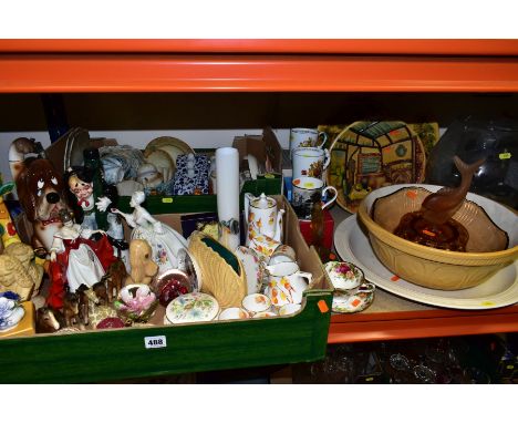 TWO BOXES AND LOOSE CERAMICS AND GLASSWARES to include Beswick foals 915 and two 996, Sylvac Basset Hound 2950, Royal Doulton