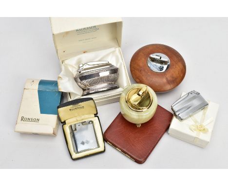 A TRAY OF ASSROTED SMOKING EQUPIMENT, to include a onyx table lighter, a circular wooden 'Ronson' table lighter, a boxed silv