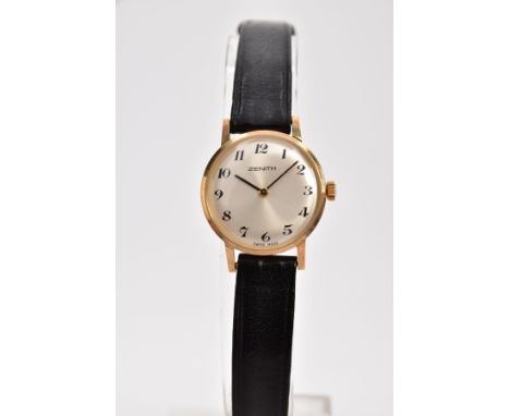 A 9CT GOLD 'ZENITH' WRISTWATCH, hand wound movement, round silver dial signed 'Zenith', Arabic numerals, black hands, case ba
