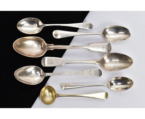 A SELECTION OF SILVER SPOONS, to include a silver gilt sauce spoon, a reeded fiddle pattern teaspoon, engraved initials to th