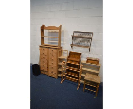 A COLLECTION OF PINE FURNITURE comprising a two adjoined tall slim chest of seven drawers, width 81cm x depth 40cm x height 1