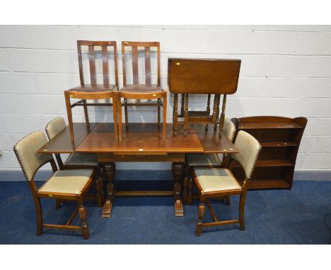 AN OAK DRAW LEAF TABLE together with a set of four chairs and two other chairs together with a small oak gate leg table and a