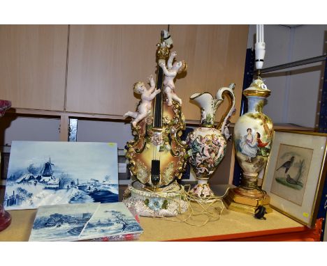 A SMALL GROUP OF CERAMICS AND A PRINT, comprising a pair of Villeroy &amp; Boch plaques hand painted with blue and white Dutc