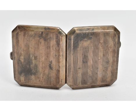 A SILVER CIGARETTE CASE, of a square form, cut off corners, engine turned design with a vacant cartouche, push button clasp, 