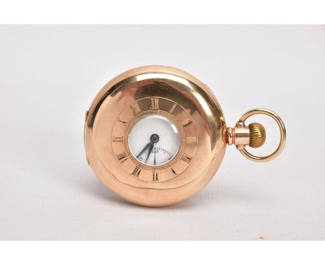 A 9CT GOLD HALF HUNTER POCKET WATCH, round white dial, Roman numerals, seconds subsidiary dial at the six o'clock position, w