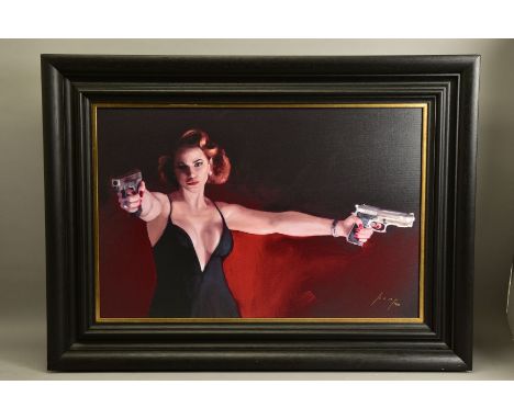 VINCENT KAMP (BRITISH CONTEMPORARY) 'CANDY CLEANS UP' a signed limited edition print of a female holding two 9mm pistols, 13/