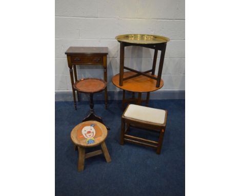 A QUANTITY OF OCCASSIONAL FURNITURE comprising a slim mahogany hall table, wine table, oak stool, another stool depicting a c