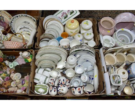 SEVEN BOXES AND LOOSE SUNDRY CERAMICS, to include Royal Doulton Rondelay and Royal Gold teawares, Falcon ware, Crinoline ladi