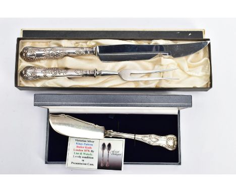 A VICTORIAN KINGS PATTERN BUTTER KNIFE AND A TWO PIECE MEAT CARVING SET, the butter knife hallmarked 'Henry John Lias &amp; J