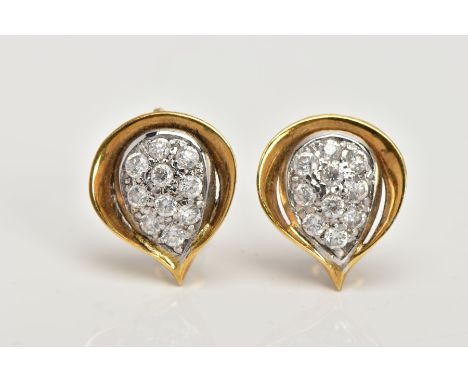 A PAIR OF YELLOW METAL NON-PIERCED EARRINGS, each of a tear drop form, encrusted with colourless cubic zirconia stones, withi