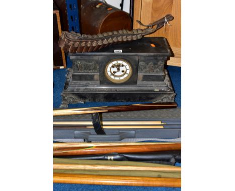 A CASED SINGER MANUAL SEWING MACHINE, GOLF  CLUBS, LEATHER CARTRIDGE BELT, BLACK SLATE MANTEL CLOCK, etc, the sewing machine 