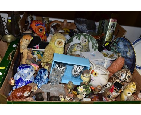 TWO BOXES OF OWL ORNAMENTS etc to include Spode and Goebel collectors plates, salt and pepper pots, cushion, mug, leather cre