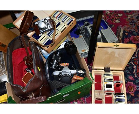 ONE BOX AND LOOSE CAMERAS, SLIDE PROJECTOR, SLIDES etc to include a vintage Gnome slide projector in fitted case, Praktica MT