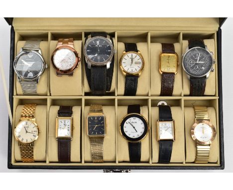 A WATCH DISPLAY CASE AND TWELVE GENTS WRISTWATCHES, black faux leather case, Perspex lid, together with twelve watch cushions