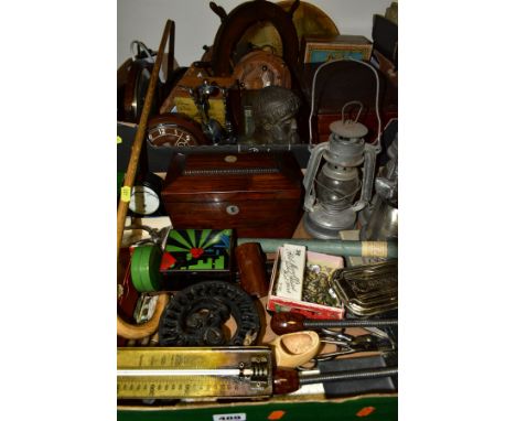 TWO BOXES OF TREEN, METALWARE AND SUNDRY ITEMS to include an early 19th Century rosewood tea caddy with mother of pearl circu