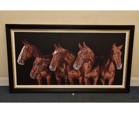DEBBIE BOON (BRITISH CONTEMPORARY) 'STAND OUT FROM THE CROWD', a signed limited edition print of five horses 27/49, with cert