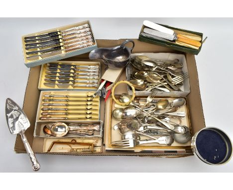 A BOX OF ASSORTED SILVER PLATE AND WHITE METAL WARE, to include three boxed sets of six kings pattern knives, various loose p