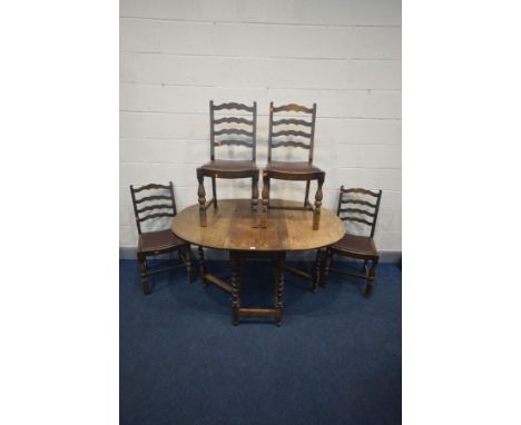 AN OAK BARLEY TWIST GATE LEG TABLE, and four chairs (5)