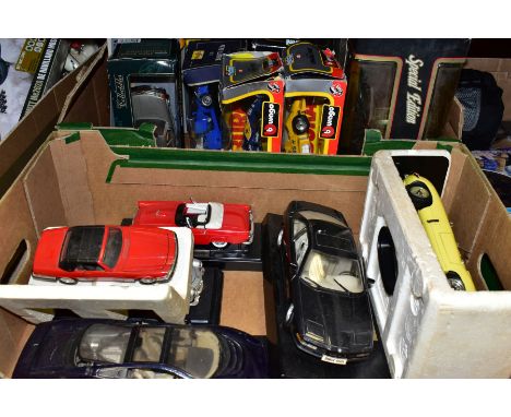 TWO BOXES OF BOXED AND LOOSE SCALE MODEL VEHICLES BY BURAGO, MAISTO AND OTHERS, including Maisto Special Edition Mercedes-Ben