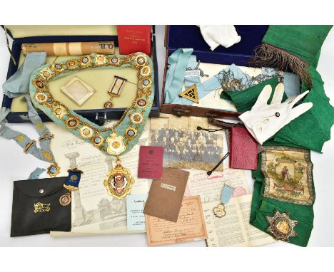 TWO CASES OF MASONIC REGALIA, the first a blue case opens to reveal a 'Roll of Honor' linked gilt fob medals and order badges