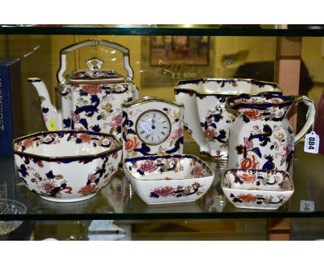 MASONS MANDALAY PATTERN CERAMICS comprising a teapot, water jug, quartz clock, octagonal bowl, bowl with fluted corners and t