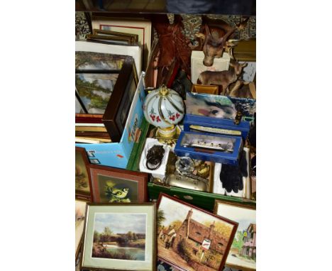 FOUR BOXES OF SUNDRY ITEMS AND LOOSE PRINTS, ETC, to include boxed models of R.M.S Titanic and Queen Mary, miniature brass mo