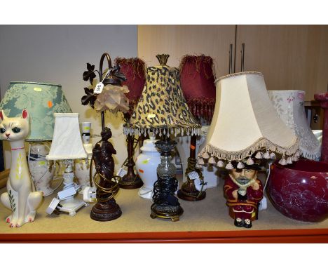 ELEVEN MODERN TABLE LAMPS AND THREE CERAMIC ITEMS,  the table lamps to include resin and ceramic bases, two pairs, nine with 