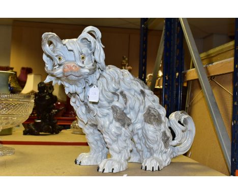 A REPRODUCTION CARL THIEME CERAMIC BOLOGNESE DOG, Dresden backstamp near the tail, height approximately 38cm, length 58cm, (C