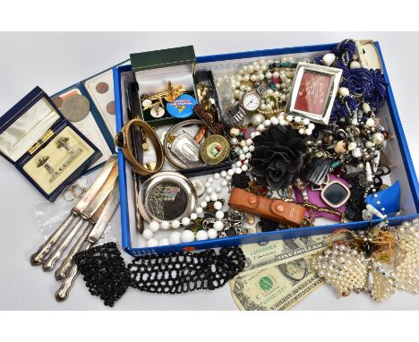 A TRAY OF ASSORTED COSTUME JEWELLERY AND ITEMS, to include three yellow metal sleeper earrings, one stamped '375 filled', fiv