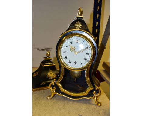 A REPRODUCTION ZENITH BRACKET CLOCK AND SHELF, black painted and gilt case transfer printed with gilt roses, enamel dial with