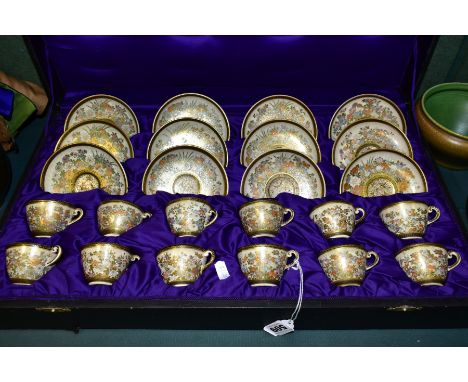 AN EARLY 20TH CENTURY/MEIJI PERIOD CASED SET OF TWELVE JAPANESE SATSUMA POTTERY COFFEE CUPS AND SAUCERS, each piece with poly