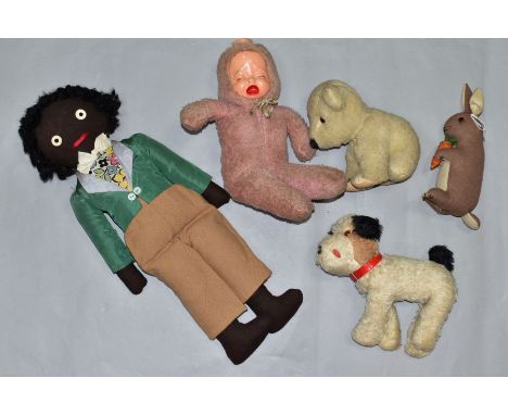 A QUANTITY OF ASSORTED DOLLS AND SOFT TOYS, to include Chad Valley Polar Bear, Hygenic Toys label to neck and between back le
