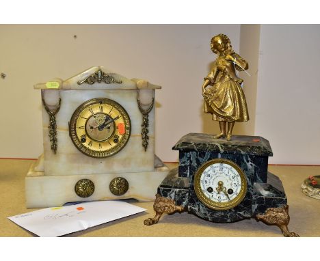 TWO LATE 19TH CENTURY/EARLY 20TH CENTURY MANTEL CLOCKS, comprising an onyx and gilt metal Ansonia Mantel Clock of architectur