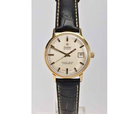 A GENTS GOLD-PLATED 'ZODIAC' AUTOMATIC WRISTWATCH, round silver dial signed 'Zodiac automatic', baton markers, date window at