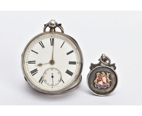 A SILVER OPEN FACE POCKET WATCH AND A SILVER FOB MEDAL, the pocket watch with a round white dial, Roman numerals, seconds sub