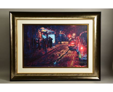 ROLF HARRIS (AUSTRALIAN 1930) 'BUS STOP, HYDE PARK CORNER', a signed limited edition print with certificate 88/95, approximat