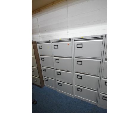THREE LIGHT GREY FOUR DRAWER FILING CABINETS, width 47cm x depth 63cm x height 132cm (each with one key)