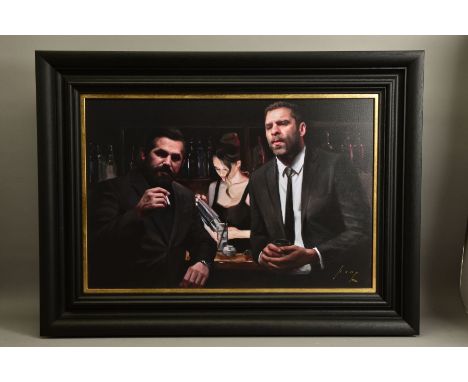 VINCENT KAMP (BRITISH CONTEMPORARY) 'TENSION BUILDING' a signed limited edition print of figures in a bar 54/150, with certif