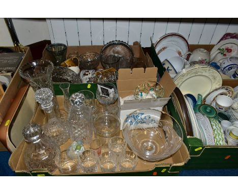 FIVE BOXES OF CERAMICS, GLASS, KITCHEN RELATED ITEMS ETC, to include a Georgian crystal goblet, cut glass decanters, Royal Do