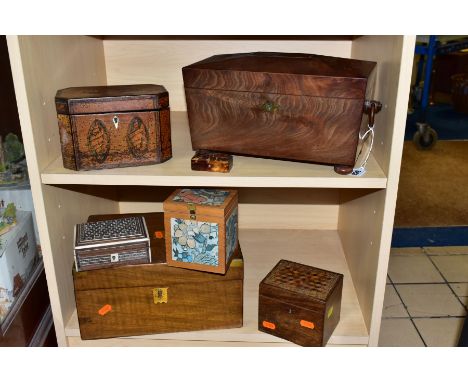 WOODEN BOXES ETC, comprising a George III tea caddy with inlaid seashell motifs, size approximately 12cm high, 18.5cm wide, d