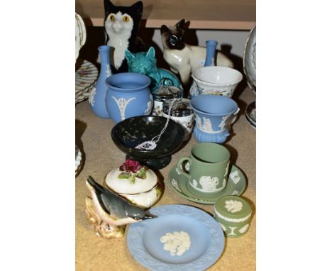 A GROUP OF ASSORTED WEDGWOOD JASPERWARE, BESWICK, ETC, to include a Cats &amp; Co seated black and white cat, small chips to 