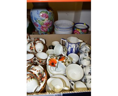 A BOX AND LOOSE OF CERAMICS, including Royal Doulton 'Burgundy' pattern tea cups, coffee cups and saucers, a Wade Rington's T