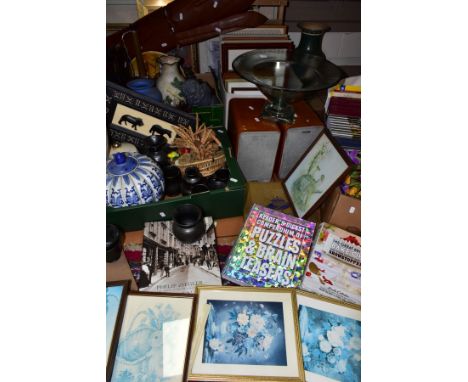 FOUR BOXES AND LOOSE CERAMICS, BOOKS, PICTURES, HOMEWARES etc to include a pair of Pure speakers, home decor items including 