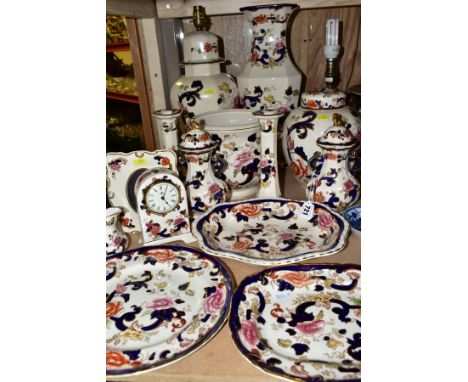 A COLLECTION OF FIFTEEN PIECES OF MASONS IRONSTONE MANDALAY PATTERN WARES, including two table lamps, a pair of 22cm candle s