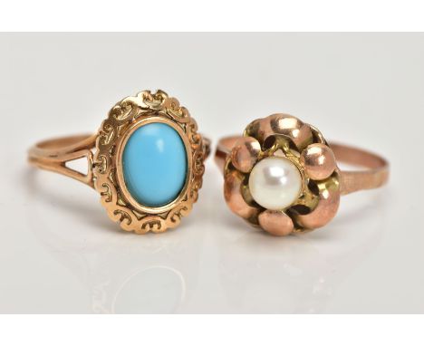 TWO YELLOW METAL RINGS, the first set with an oval turquoise, within a scroll detailed surround, trifurcated shoulders, stamp