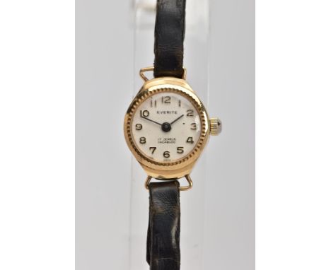A LADIES 9CT GOLD 'EVERITE' WRISTWATCH, hand wound movement, round silver dial signed 'Everite, 17 jewels Incabloc', Arabic n