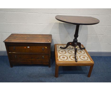 AN OAK CHEST OF TWO LONG DRAWERS, width 90cm x depth 40cm x height 64cm, along with a Georgian mahogany tripod table (one edg